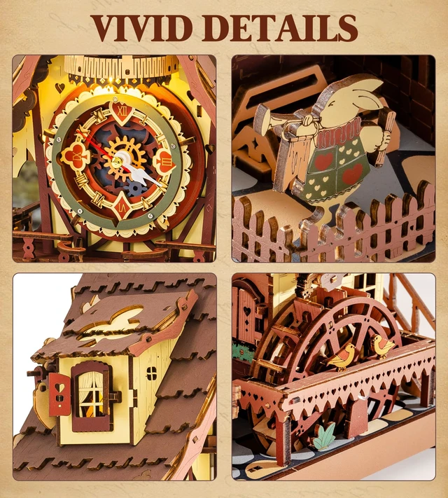 Alt view image 4 of 7 - Cuckoo Clock 3D Wooden Puzzle with LED Light & Hourly Chime for Adults | DIY Wooden Clock Model Building Set, Unique Gift for Women Men