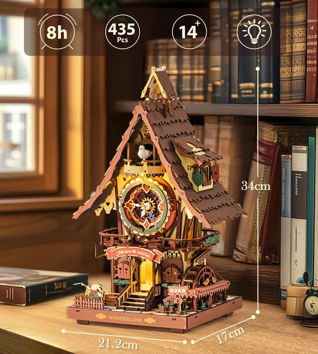 Alt view image 6 of 7 - Cuckoo Clock 3D Wooden Puzzle with LED Light & Hourly Chime for Adults | DIY Wooden Clock Model Building Set, Unique Gift for Women Men