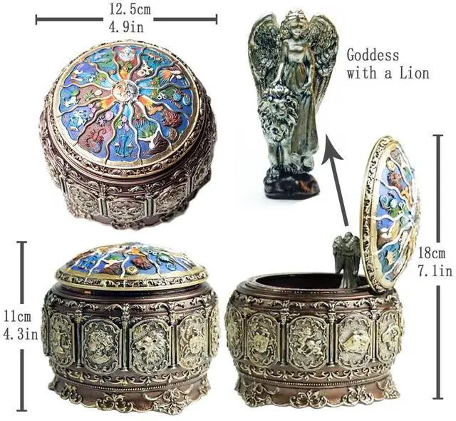 Alt view image 2 of 7 - Vintage Music Box with Constellations Rotating Goddess LED Lights Twinkling Resin Carved Mechanism Musical Box with Sankyo 18-Note Wind Up Signs of The Zodiac Gift for Birthday (A1 Upgraded)