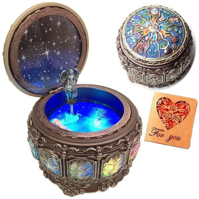 Main image of Vintage Music Box with Constellations Rotating Goddess LED Lights Twinkling Resin Carved Mechanism Musical Box with Sankyo 18-Note Wind Up Signs of The Zodiac Gift for Birthday (A1 Upgraded)