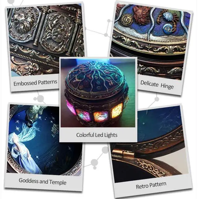Alt view image 4 of 7 - Vintage Music Box with Constellations Rotating Goddess LED Lights Twinkling Resin Carved Mechanism Musical Box with Sankyo 18-Note Wind Up Signs of The Zodiac Gift for Birthday (A1 Upgraded)