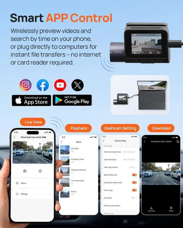 Alt view image 4 of 7 - Dash Cam Front and Rear - 2.5K+1080P Dual Dash Camera with HDR, Super Night Vision, F1.55 Aperture, 24H Parking Mode, Built-in Wi-Fi & GPS, G-Sensor, Loop Recording, 64GB Card Included (A410)