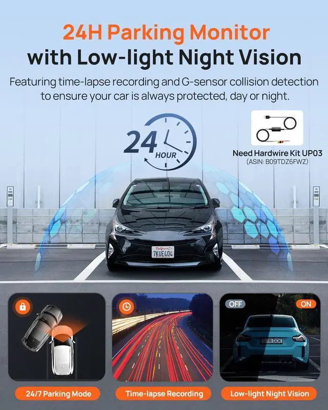 Alt view image 6 of 7 - Dash Cam Front and Rear - 2.5K+1080P Dual Dash Camera with HDR, Super Night Vision, F1.55 Aperture, 24H Parking Mode, Built-in Wi-Fi & GPS, G-Sensor, Loop Recording, 64GB Card Included (A410)
