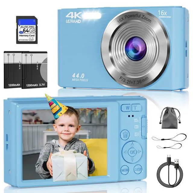 Main image of Digital Camera FHD 4K Kids Camera 44MP with 64GB SD Card (Blue) | Autofocus