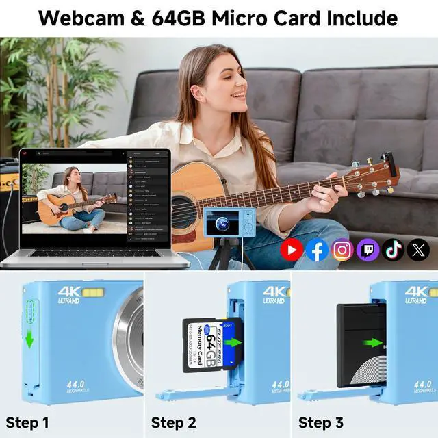 Alt view image 6 of 7 - Digital Camera FHD 4K Kids Camera 44MP with 64GB SD Card (Blue) | Autofocus