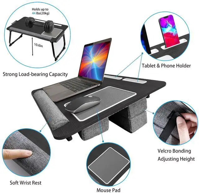 Alt view image 2 of 5 - Lap Desk with Cushion - Fit up to 17 Laptop Desk for Bed Couch, Adjustable Computer Tray Table for Adults,Portable Foldable Lap Stand with Tablet & Phone Holder,Mouse Pad & Wrist Rest