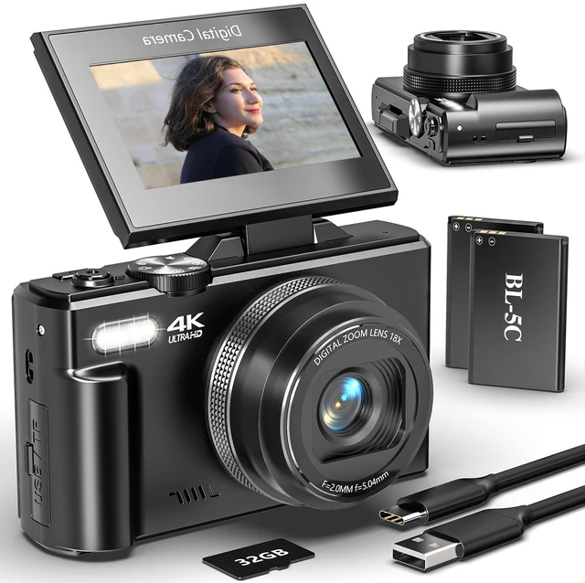 Main image of 4K Digital Camera for Beginners & Teens, Autofocus Vlogging Camera with 180° Flip Screen, 18X Zoom, Easy-to-Use Compact Travel Camera, WiFi, 2 Batteries, 32GB Card