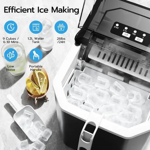 Alt view image 2 of 7 - Countertop Ice Maker, 26Lbs/24H, 9 Bullet Cubes in 6 Mins, Self-Cleaning Portable Ice Machine with 2 Ice Sizes (S/L), Quiet Compact Design, Double Handles, for Home, Party, RV, Camping, Black
