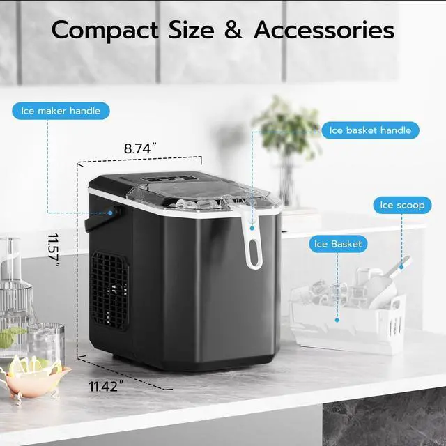 Alt view image 7 of 7 - Countertop Ice Maker, 26Lbs/24H, 9 Bullet Cubes in 6 Mins, Self-Cleaning Portable Ice Machine with 2 Ice Sizes (S/L), Quiet Compact Design, Double Handles, for Home, Party, RV, Camping, Black