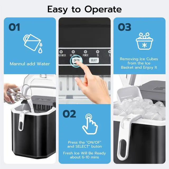 Alt view image 6 of 7 - Countertop Ice Maker, 26Lbs/24H, 9 Bullet Cubes in 6 Mins, Self-Cleaning Portable Ice Machine with 2 Ice Sizes (S/L), Quiet Compact Design, Double Handles, for Home, Party, RV, Camping, Black