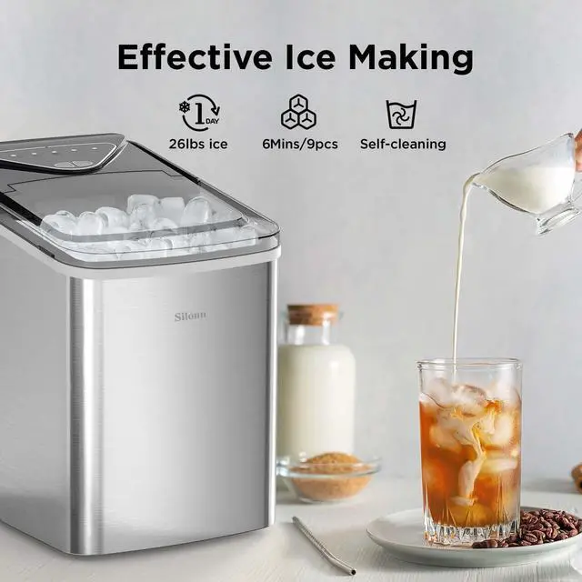 Alt view image 2 of 7 - Ice Makers Countertop, 9 Cubes Ready in 6 Mins, 26lbs in 24Hrs, Self-Cleaning Ice Machine with Ice Scoop and Basket, 2 Sizes of Bullet Ice, Stainless Steel