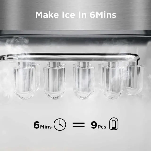 Alt view image 3 of 7 - Ice Makers Countertop, 9 Cubes Ready in 6 Mins, 26lbs in 24Hrs, Self-Cleaning Ice Machine with Ice Scoop and Basket, 2 Sizes of Bullet Ice, Stainless Steel