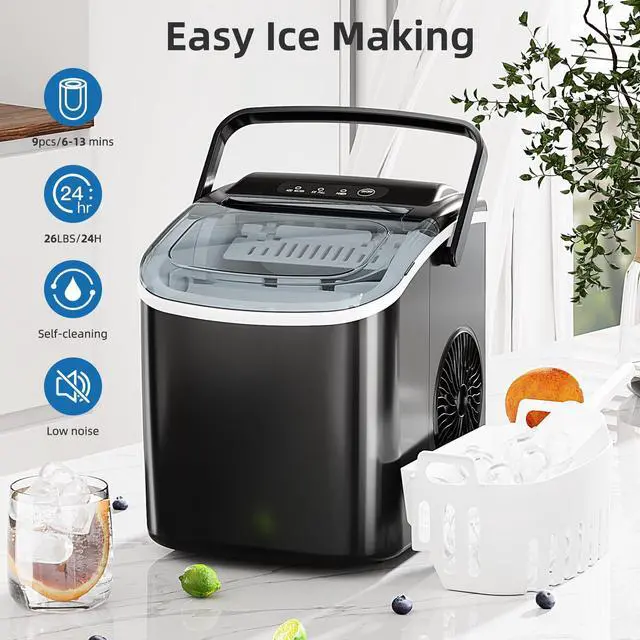 Alt view image 5 of 7 - Ice Maker Countertop, Portable Ice Machine with Carry Handle, 26Lbs Per Day, 9 Cubes Ready in 6 Mins, Self-Cleaning Ice Makers with Ice Scoop and Basket for Kitchen/Office/Party (Black)