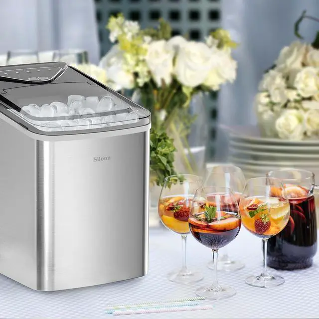 Alt view image 6 of 7 - Ice Makers Countertop, 9 Cubes Ready in 6 Mins, 26lbs in 24Hrs, Self-Cleaning Ice Machine with Ice Scoop and Basket, 2 Sizes of Bullet Ice, Stainless Steel