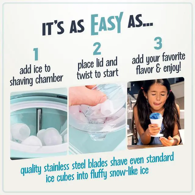 Alt view image 4 of 7 - Snow Cone Shaved Ice Machine - Retro Table-Top Slushie Machine Makes 20 Icy Treats - Includes 2 Reusable Plastic Cups & Ice Scoop - Aqua
