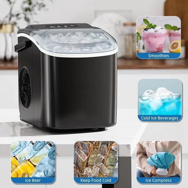 Alt view image 7 of 7 - Ice Maker Countertop, Portable Ice Machine with Carry Handle, 26Lbs Per Day, 9 Cubes Ready in 6 Mins, Self-Cleaning Ice Makers with Ice Scoop and Basket for Kitchen/Office/Party (Black)