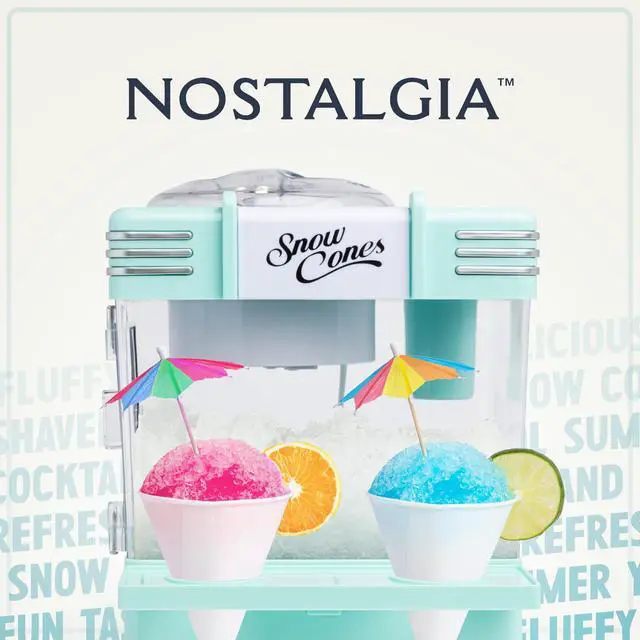 Alt view image 5 of 7 - Snow Cone Shaved Ice Machine - Retro Table-Top Slushie Machine Makes 20 Icy Treats - Includes 2 Reusable Plastic Cups & Ice Scoop - Aqua
