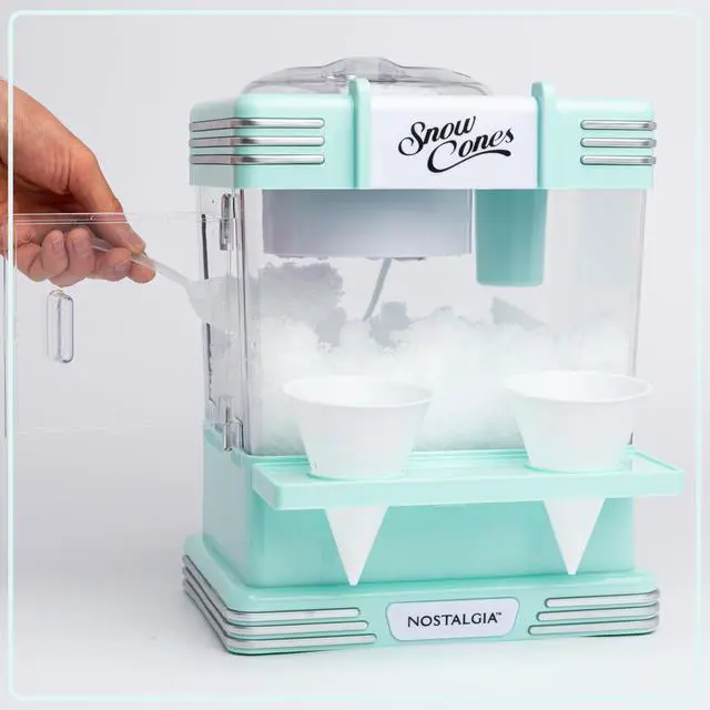 Alt view image 7 of 7 - Snow Cone Shaved Ice Machine - Retro Table-Top Slushie Machine Makes 20 Icy Treats - Includes 2 Reusable Plastic Cups & Ice Scoop - Aqua