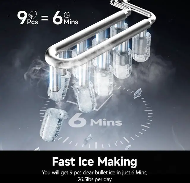 Alt view image 2 of 7 - Ice Maker Countertop with Carry Handle, 9 Cubes Ready in 6 Mins, 26.5lbs/24H, Self-Cleaning, 2 Sizes of Bullet Ice with Basket and Scoop, Portable Ice Maker Machine for Home, Kitchen, Office
