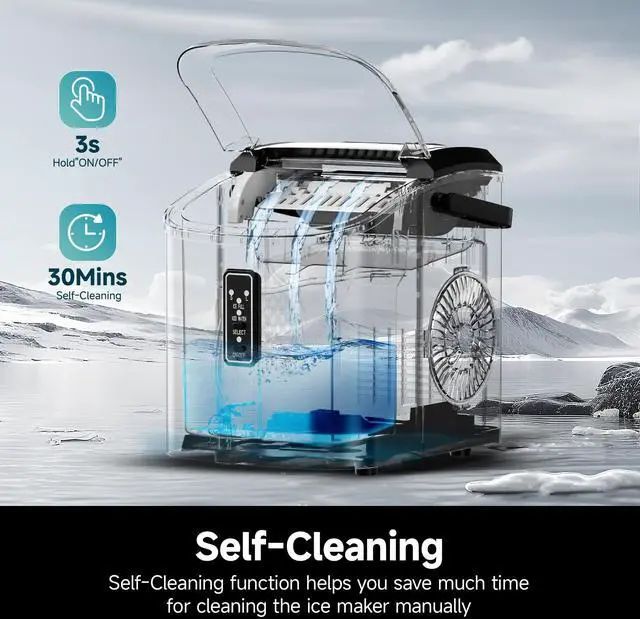 Alt view image 5 of 7 - Ice Maker Countertop with Carry Handle, 9 Cubes Ready in 6 Mins, 26.5lbs/24H, Self-Cleaning, 2 Sizes of Bullet Ice with Basket and Scoop, Portable Ice Maker Machine for Home, Kitchen, Office