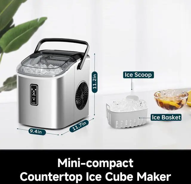 Alt view image 7 of 7 - Ice Maker Countertop with Carry Handle, 9 Cubes Ready in 6 Mins, 26.5lbs/24H, Self-Cleaning, 2 Sizes of Bullet Ice with Basket and Scoop, Portable Ice Maker Machine for Home, Kitchen, Office