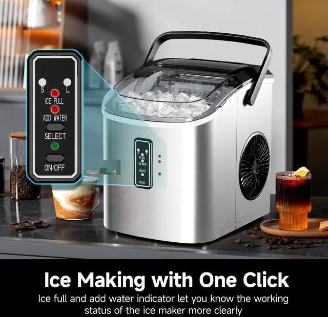 Alt view image 4 of 7 - Ice Maker Countertop with Carry Handle, 9 Cubes Ready in 6 Mins, 26.5lbs/24H, Self-Cleaning, 2 Sizes of Bullet Ice with Basket and Scoop, Portable Ice Maker Machine for Home, Kitchen, Office