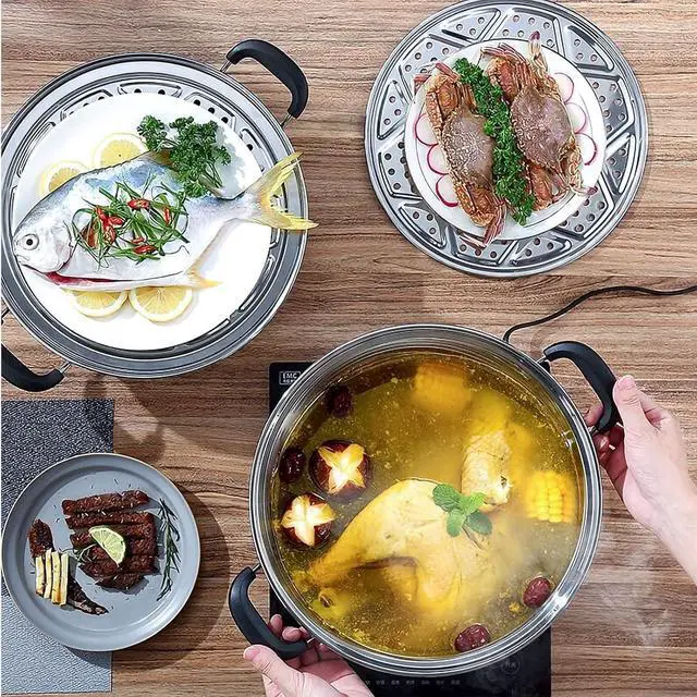 Alt view image 3 of 7 - Steamer Pot for Cooking 14.2 inch Steam Pots with Lid 2-tier Stainless Steel Steaming Pot Multipurpose Cookware with Handle for Vegetable, Dumpling, Stock, Sauce, Food