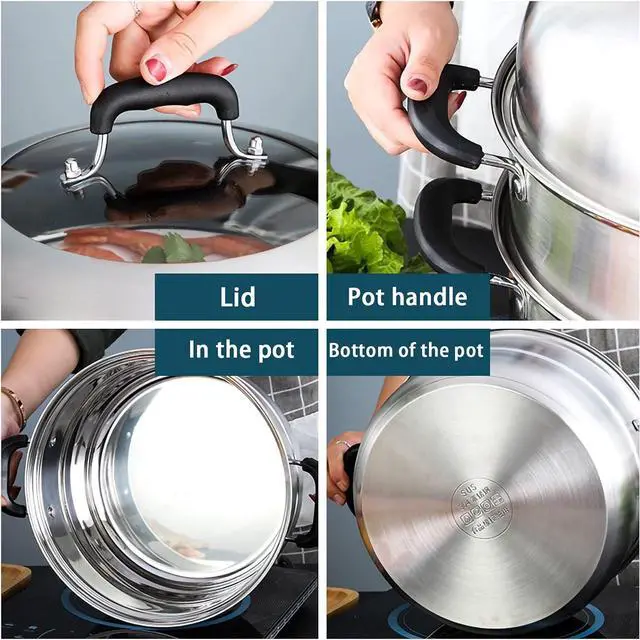 Alt view image 4 of 7 - Steamer Pot for Cooking 14.2 inch Steam Pots with Lid 2-tier Stainless Steel Steaming Pot Multipurpose Cookware with Handle for Vegetable, Dumpling, Stock, Sauce, Food