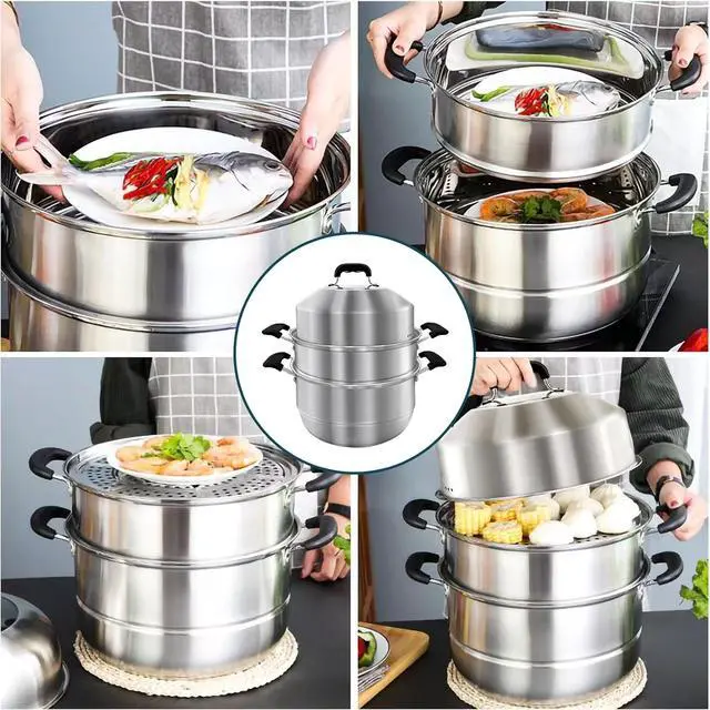 Alt view image 5 of 7 - Steamer Pot for Cooking 14.2 inch Steam Pots with Lid 2-tier Stainless Steel Steaming Pot Multipurpose Cookware with Handle for Vegetable, Dumpling, Stock, Sauce, Food