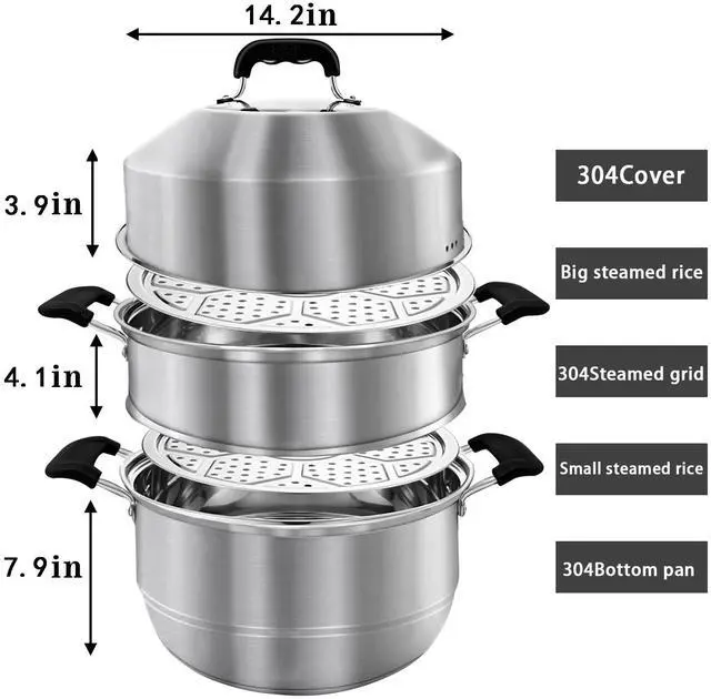 Alt view image 7 of 7 - Steamer Pot for Cooking 14.2 inch Steam Pots with Lid 2-tier Stainless Steel Steaming Pot Multipurpose Cookware with Handle for Vegetable, Dumpling, Stock, Sauce, Food