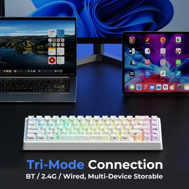 Alt view image 3 of 7 - Wireless 60% Percent Keyboard, QMK/VIA Gaming Keyboard, Tri-Mode Thocky Creamy Mechanical Key Board, Hot Swappable Gasket Mount RGB IMD Tech for Win/Mac, Spider Web Theme, White