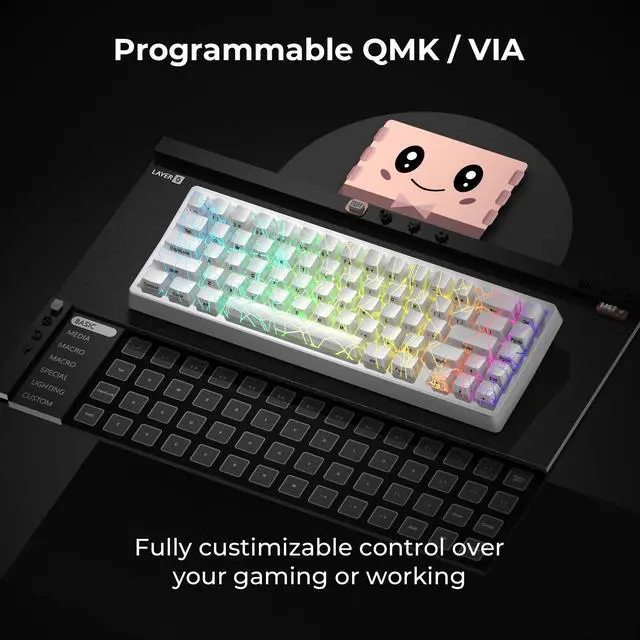 Alt view image 4 of 7 - Wireless 60% Percent Keyboard, QMK/VIA Gaming Keyboard, Tri-Mode Thocky Creamy Mechanical Key Board, Hot Swappable Gasket Mount RGB IMD Tech for Win/Mac, Spider Web Theme, White