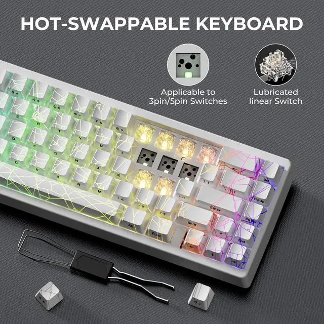 Alt view image 5 of 7 - Wireless 60% Percent Keyboard, QMK/VIA Gaming Keyboard, Tri-Mode Thocky Creamy Mechanical Key Board, Hot Swappable Gasket Mount RGB IMD Tech for Win/Mac, Spider Web Theme, White