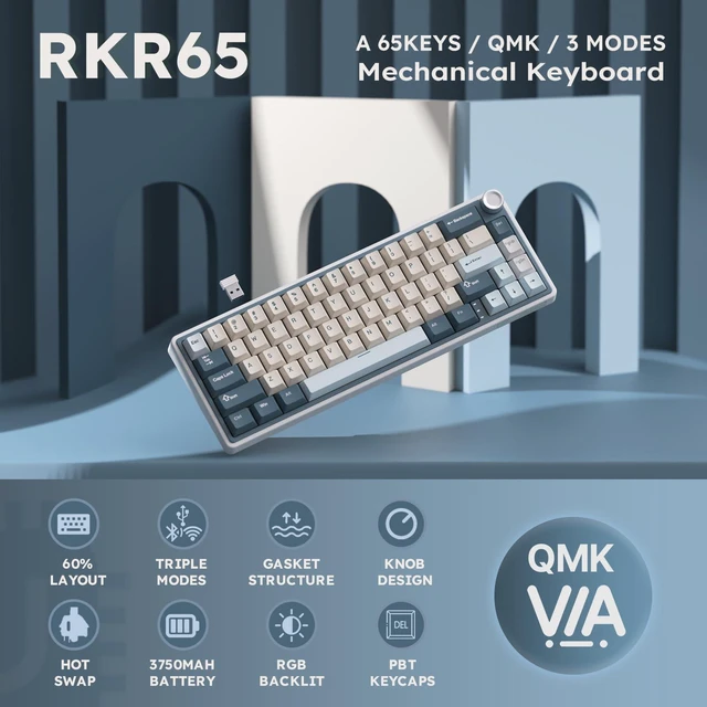 Alt view image 2 of 7 - R65 Wireless Mechanical Keyboard, 60% Keyboard with Knob | 60% RGB Gaming Keyboard with QMK/VIA, 3-Mode 2.4G/BT/Wired, Hot Swappable PCB, PBT Keycaps, 66 Keys, Cream Switch, Blue
