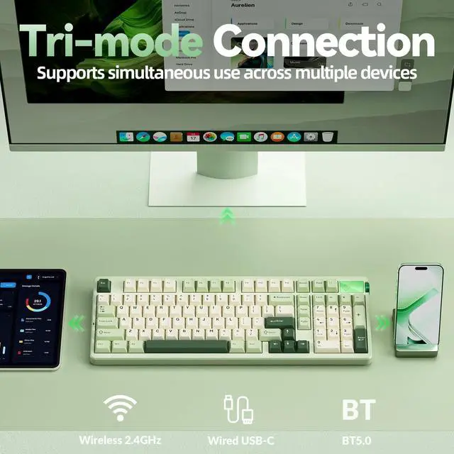 Alt view image 2 of 7 - LEOBOG A98-96% Mechanical Keyboard Wireless, Tri-Mode BT5.0/2.4GHz/USB-C, Creamy Keyboard with Number Pad, Gasket Structure Hot Swappable, RGB Backlit Green Gaming Keyboard with Knob for PC