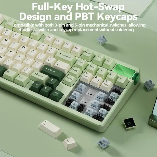 Alt view image 4 of 7 - LEOBOG A98-96% Mechanical Keyboard Wireless, Tri-Mode BT5.0/2.4GHz/USB-C, Creamy Keyboard with Number Pad, Gasket Structure Hot Swappable, RGB Backlit Green Gaming Keyboard with Knob for PC