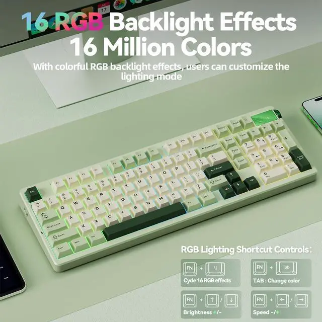 Alt view image 7 of 7 - LEOBOG A98-96% Mechanical Keyboard Wireless, Tri-Mode BT5.0/2.4GHz/USB-C, Creamy Keyboard with Number Pad, Gasket Structure Hot Swappable, RGB Backlit Green Gaming Keyboard with Knob for PC