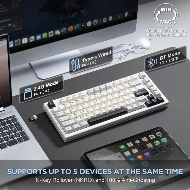 Alt view image 3 of 7 - YZ75 75% Gaming Mechanical Keyboard(White, Gateron G Pro Yellow) | Hot Swappable Wireless Keyboard, RGB Backlights, BT5.0/2.4G/USB-C, Dye Sub PBT Keycaps for Linux/Win/Mac