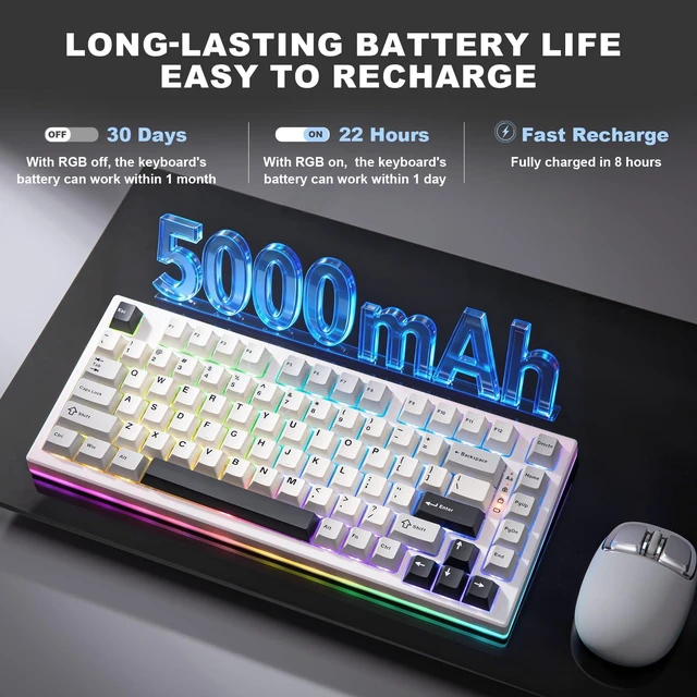 Alt view image 6 of 7 - YZ75 75% Gaming Mechanical Keyboard(White, Gateron G Pro Yellow) | Hot Swappable Wireless Keyboard, RGB Backlights, BT5.0/2.4G/USB-C, Dye Sub PBT Keycaps for Linux/Win/Mac