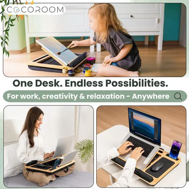 Alt view image 2 of 6 - Lap Desk for Laptop Bed Desk Tray Table with Cushion, 5 Angles, Phone & Tablet Holder, Mouse Pad & Ventilation Laptop Stand, Lap Table, Couch Desk for 15-17 Laptops (Black)