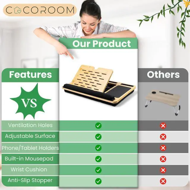 Alt view image 4 of 6 - Lap Desk for Laptop Bed Desk Tray Table with Cushion, 5 Angles, Phone & Tablet Holder, Mouse Pad & Ventilation Laptop Stand, Lap Table, Couch Desk for 15-17 Laptops (Black)