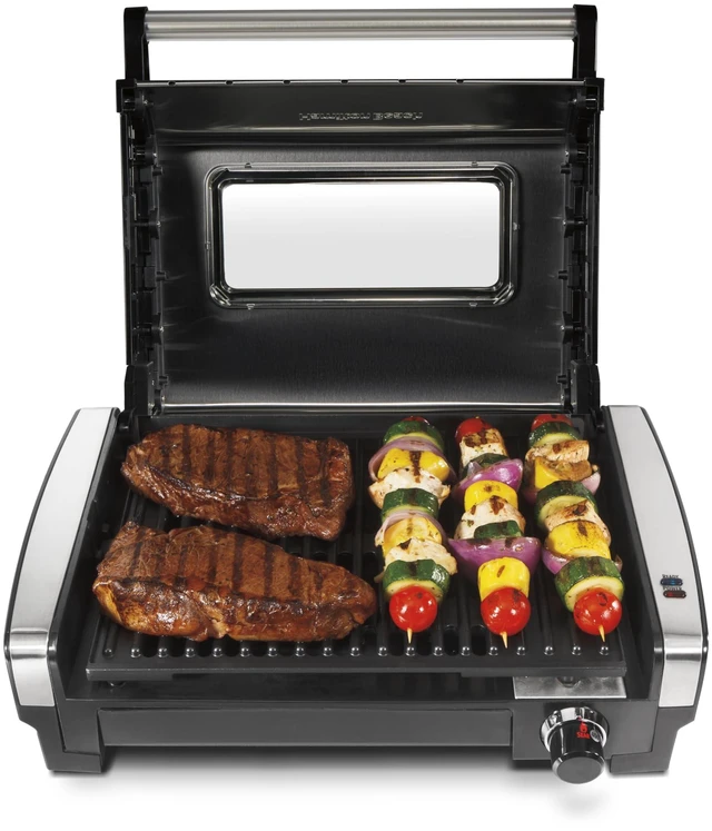 Main image of Electric Indoor Searing Grill With Lid & Viewing Window | Adjustable Temperature Control To 450°F | 118 sq. in. PFAS-Free Removable Non-Stick Cooking Surface | Stainless Steel