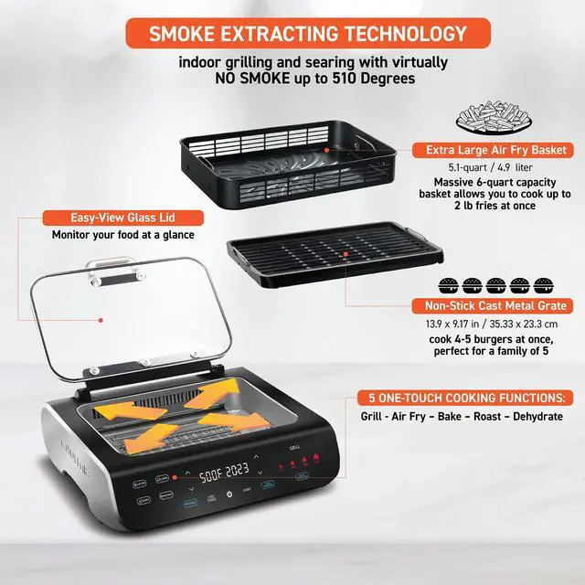 Alt view image 7 of 7 - Smokeless Indoor Grill & Air Fryer raclette grill with Smoke Extracting Technology Extra-Large Nonstick Cooking electric grill indoor Korean BBQ Style 6 Quart FoodStation