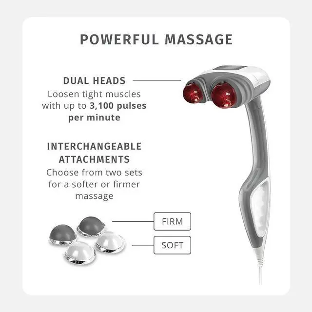 Alt view image 2 of 7 - Back Massager - Heated Automatic Percussion Back, Body and Neck Massager with Duel Pivoting Heads, Interchangeable Nodes, for Shoulders, Legs and Feet, White
