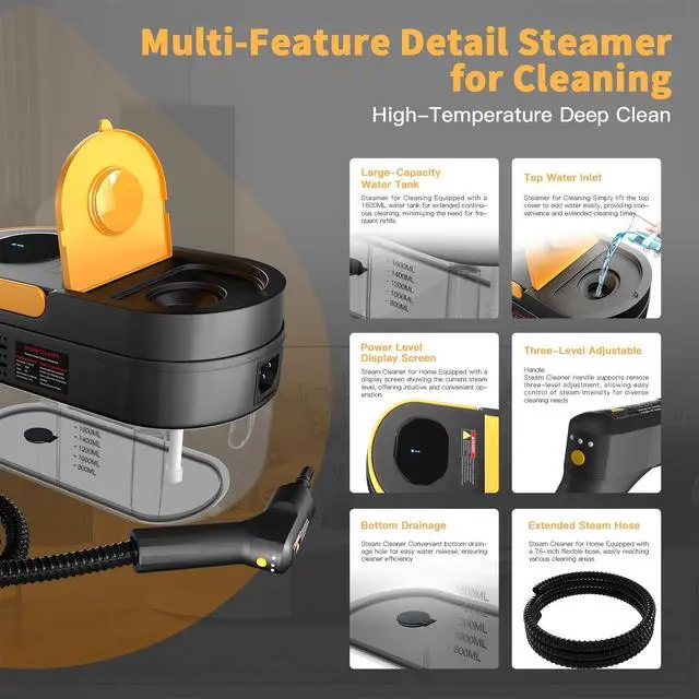 Alt view image 3 of 6 - Steam Cleaner, 3-Level Adjustable Handle, 15s Heat-Up, 1.69 Quarts Tank, Portable Steamer for Cleaning with 15 pcs Accessories, Steam Cleaner for Home for Dirt, Grease, Grout, Tile,Floor, Car