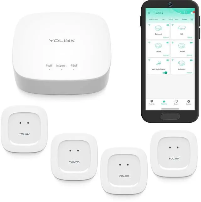 Main image of Water Leak Starter Kit: Hub + 4 Leak Sensor 1 (Silent), LoRa Long-Range, App/SMS/Email Alerts, D2D Offline Triggers, 2 AAA Up to 5-Year Battery, Compatible with Alexa/IFTTT/Home Assistant