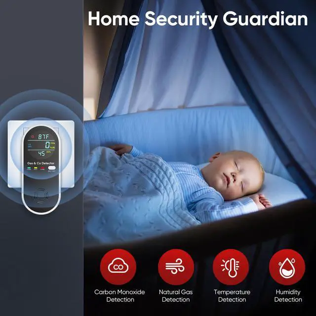 Alt view image 6 of 6 - 4 in 1 Upgraded Natural Gas Leak Detector and Carbon Monoxide Detectors, Dual Sensor Gas Leak Detector & Carbon Monoxide Detectors Plug in (Temperature & Humidity) for Home, RV (Black)