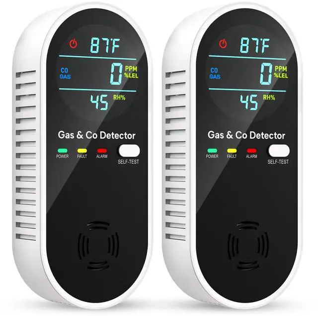 Main image of Carbon Monoxide Detectors and Natural Gas Detector, 4-in-1 Upgraded Carbon Monoxide Detectors Plug in, Gas Leak Detector with Dual Alarms, Temperature & Humidity Sensor for Home, RV, Black, 2 Packs