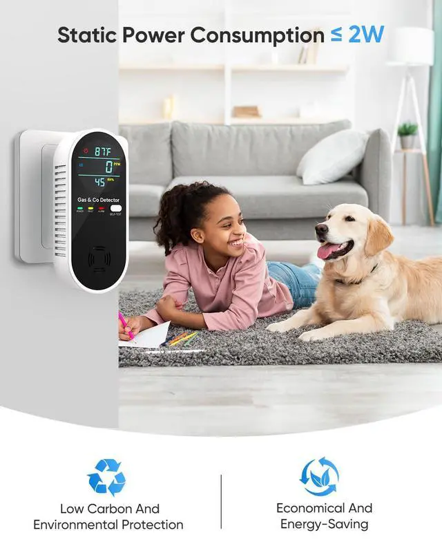 Alt view image 3 of 7 - Carbon Monoxide Detectors and Natural Gas Detector, 4-in-1 Upgraded Carbon Monoxide Detectors Plug in, Gas Leak Detector with Dual Alarms, Temperature & Humidity Sensor for Home, RV, Black, 2 Packs