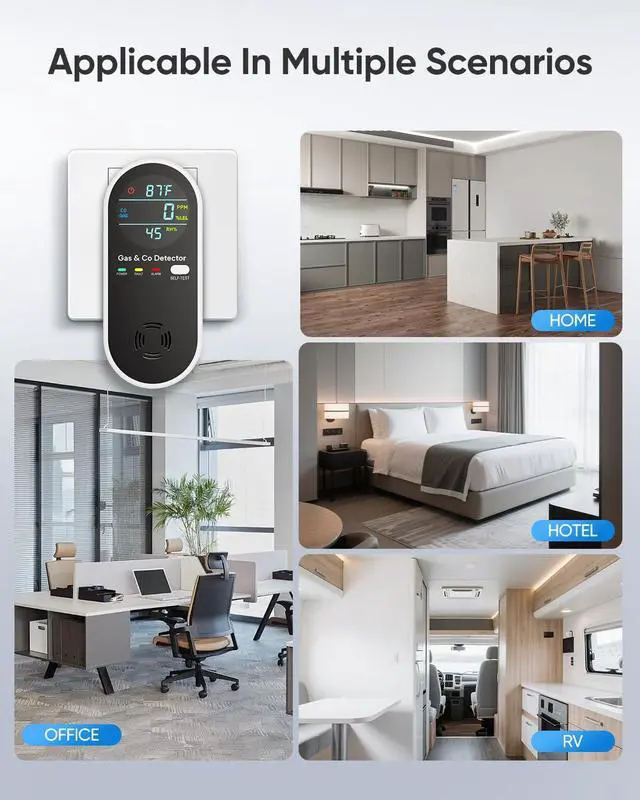 Alt view image 6 of 7 - Carbon Monoxide Detectors and Natural Gas Detector, 4-in-1 Upgraded Carbon Monoxide Detectors Plug in, Gas Leak Detector with Dual Alarms, Temperature & Humidity Sensor for Home, RV, Black, 2 Packs